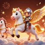 Jouer à casino en ligne argent réel, illustré par un cheval céleste et un roi en armure dans un univers animé.