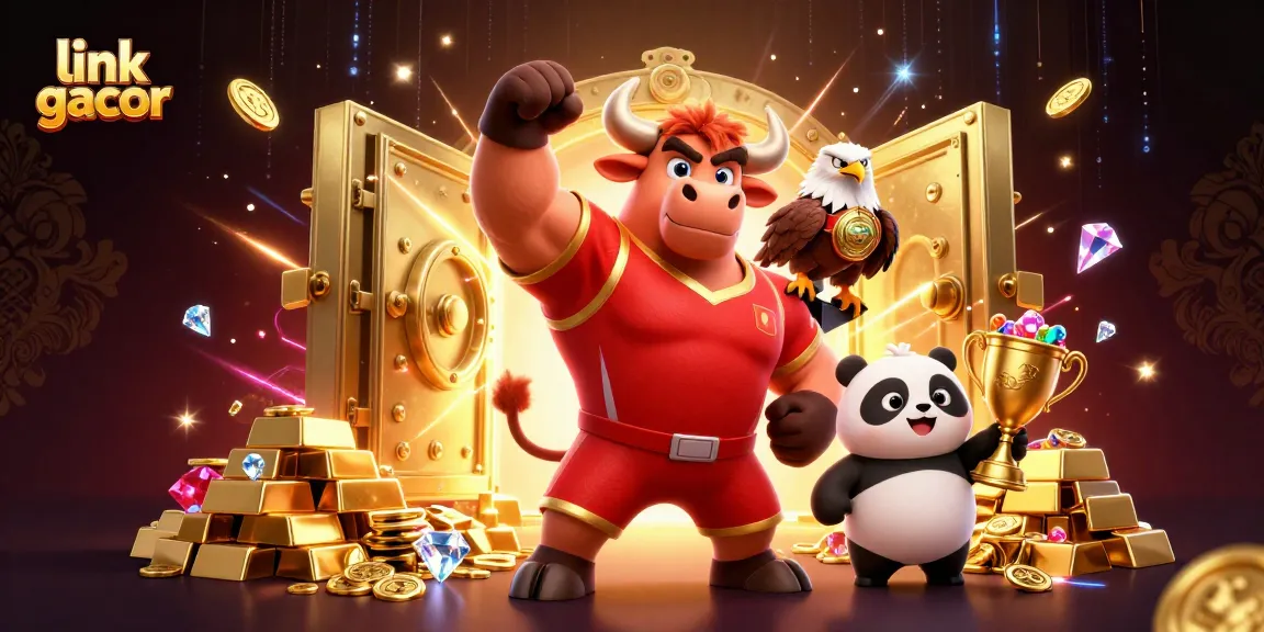 Experience link gacor excitement with a victory pose from a cartoon bull and friends in a vibrant casino scene.