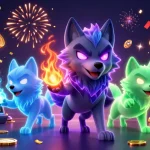 Experience the thrill of slot200 with dazzling casino scenes featuring energetic wolves and spinning reels.