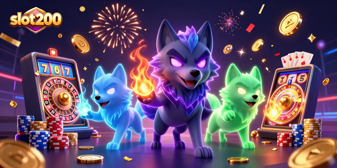 Experience the thrill of slot200 with dazzling casino scenes featuring energetic wolves and spinning reels.