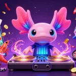 Profitez du jeu dans le casino en ligne avec un DJ axolotl et des éléments de jeu colorés.