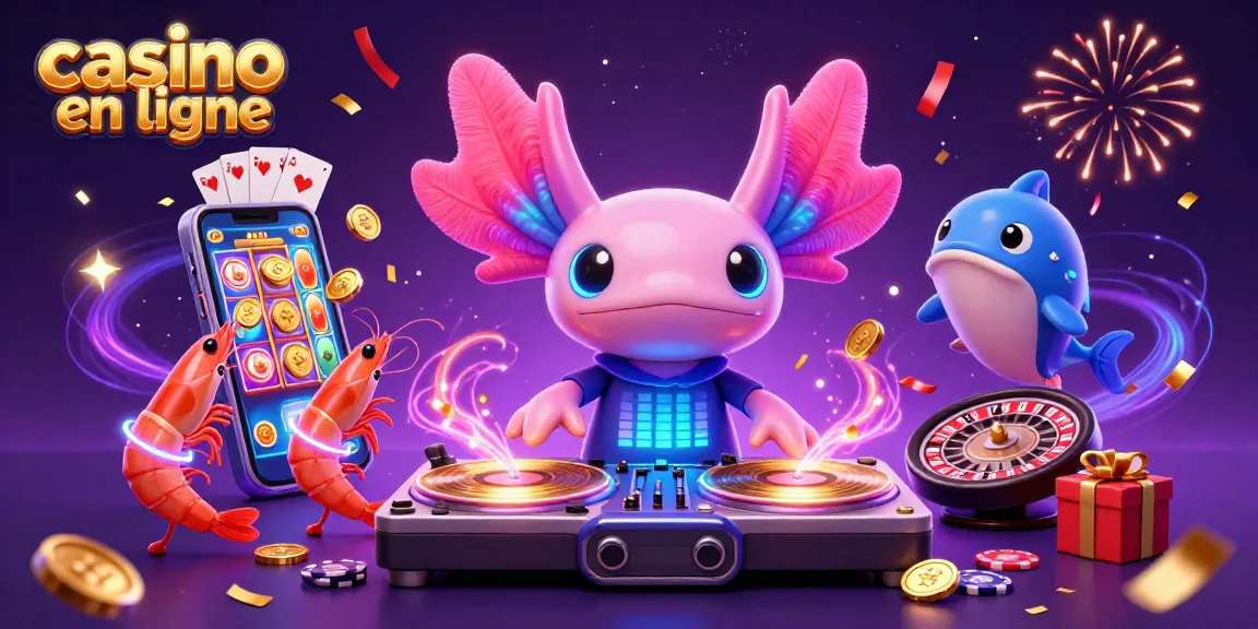 Profitez du jeu dans le casino en ligne avec un DJ axolotl et des éléments de jeu colorés.