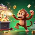 Aureon Casino showcases a vibrant casino scene with a mischievous monkey and a curious puppy amidst a jackpot explosion and colorful gaming elements.