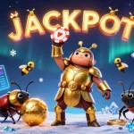 Vérifiez la licence de Rolletto casino avec un scarabée héroïque célébrant l'opportunité de gains!