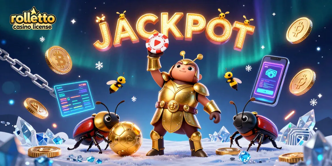 Vérifiez la licence de Rolletto casino avec un scarabée héroïque célébrant l'opportunité de gains!