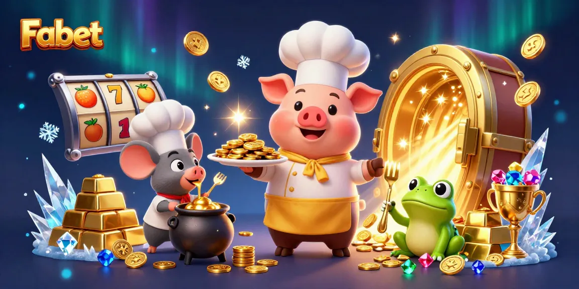 Fabet showcases a 3D chef pig serving gold coins, reflecting winning strategies in slots gameplay.