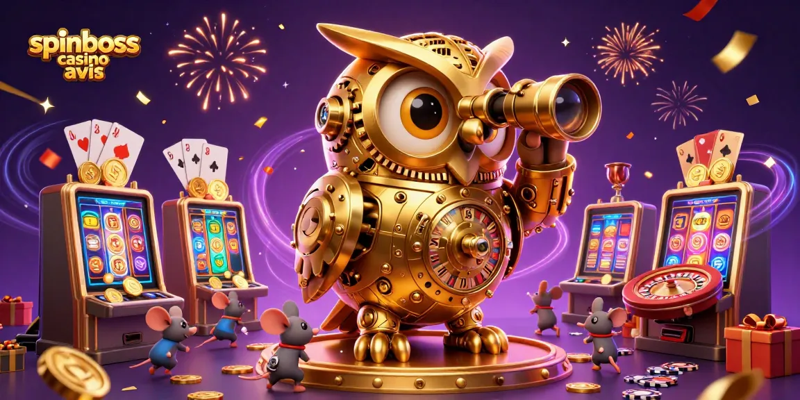 Découvrez le spinboss casino avis avec un hibou en 3D, des jeux, et des confettis colorés