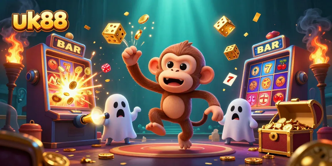 Catch golden coins and cards with uk88's haunted casino poltergeist monkey and flashlight puppy!
