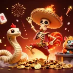 Casinos online nuevos con el esqueleto mariachi, la serpiente momia y el hámster DJ celebrando encima de monedas doradas.