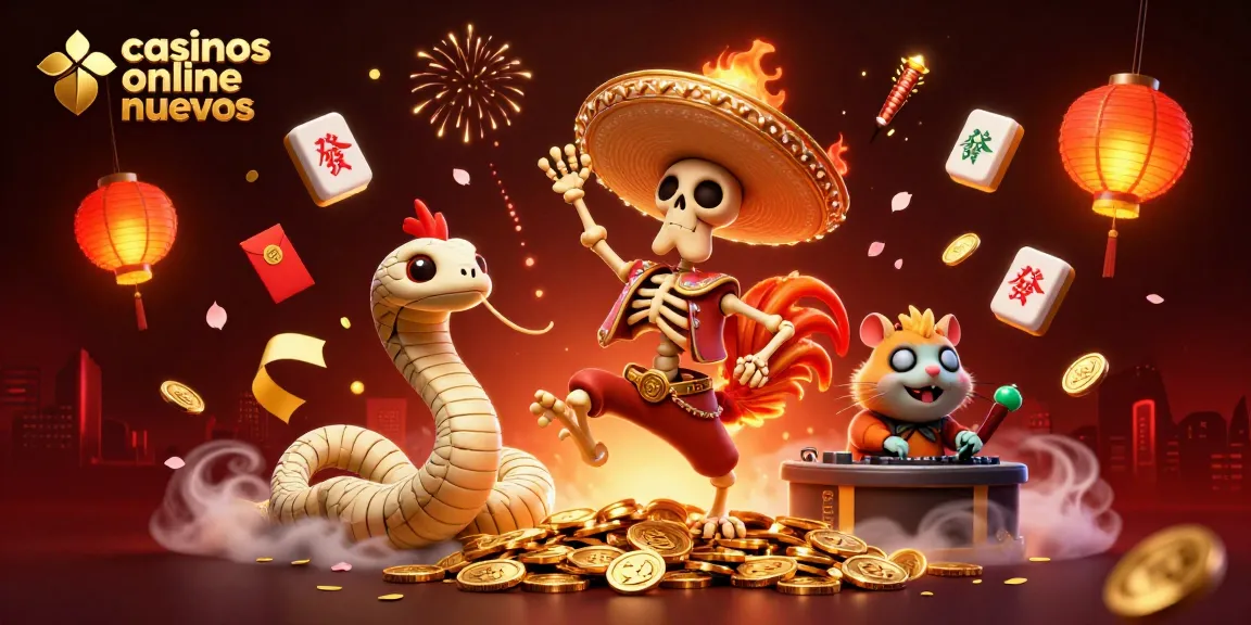 Casinos online nuevos con el esqueleto mariachi, la serpiente momia y el hámster DJ celebrando encima de monedas doradas.