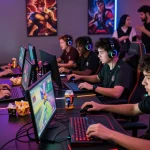 Gamers competing in a thrilling FAFA828 e-sport tournament showcasing vibrant action and technology.
