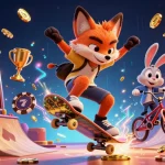 Visualisez une scène captivante de casino en ligne argent réel avec un renard skateboarder et un lapin BMX, débordant d'énergie.
