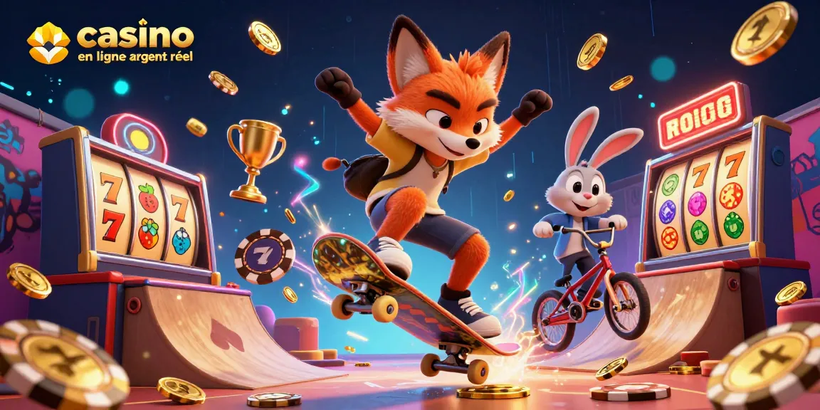 Visualisez une scène captivante de casino en ligne argent réel avec un renard skateboarder et un lapin BMX, débordant d'énergie.