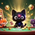 Illustration animée d'un casino en ligne avec un chat noir gravitationnel et un renard nébuleux.