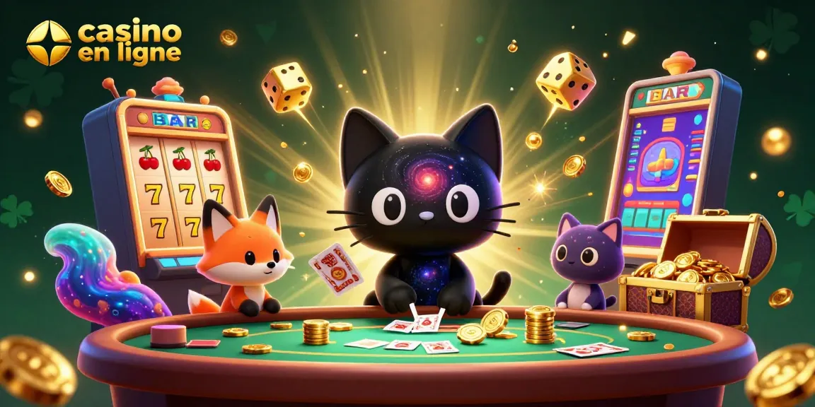 Illustration animée d'un casino en ligne avec un chat noir gravitationnel et un renard nébuleux.