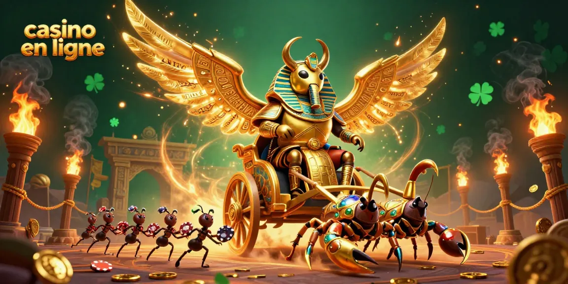 Les enjeux excitants au casino en ligne avec un scarabée doré majestueux et des scorpions.