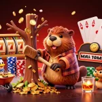 Engage in crown pokies excitement as a beaver, bird, and squirrel capture winning coins in a vibrant casino scene.