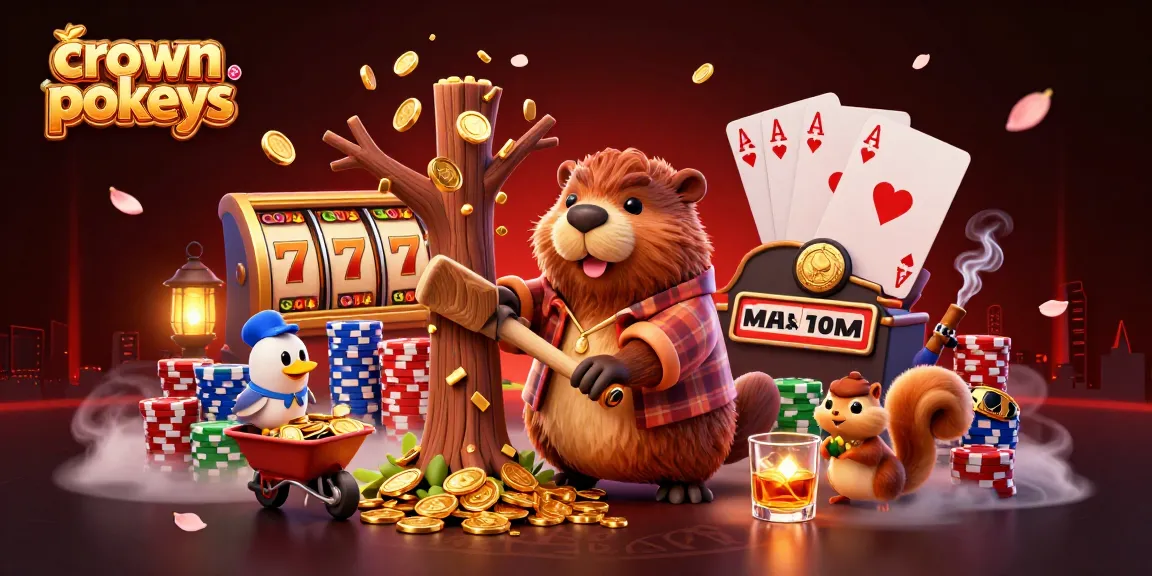 Engage in crown pokies excitement as a beaver, bird, and squirrel capture winning coins in a vibrant casino scene.