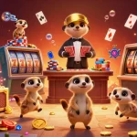Win big with QQ88 at this vibrant casino scene featuring meerkats managing games and jackpots.