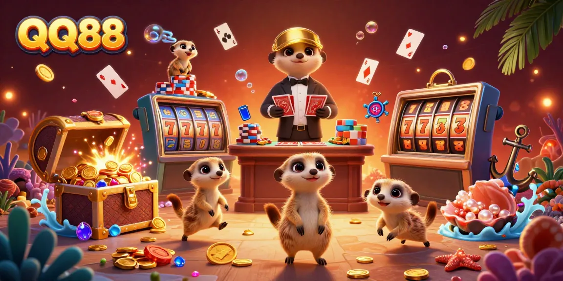 Win big with QQ88 at this vibrant casino scene featuring meerkats managing games and jackpots.