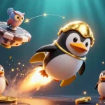 Bet on excitement with 789CLUB as a penguin launches to a casino chip, coins exploding!