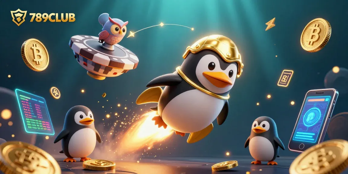 Bet on excitement with 789CLUB as a penguin launches to a casino chip, coins exploding!