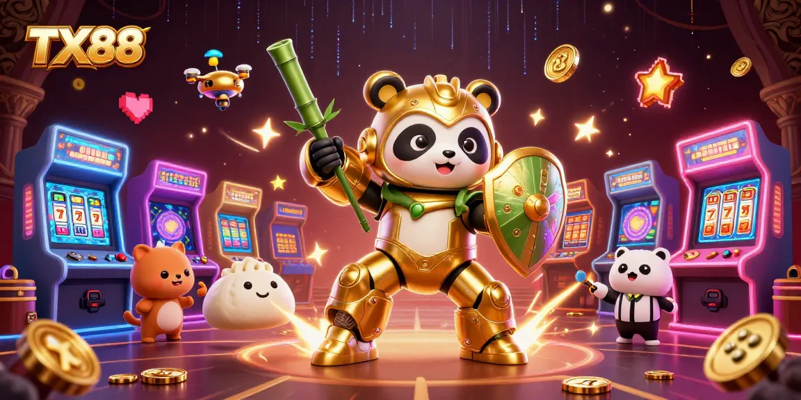 TX88 showcases a vibrant 3D cartoon mech-suit panda combat scene with casino elements.