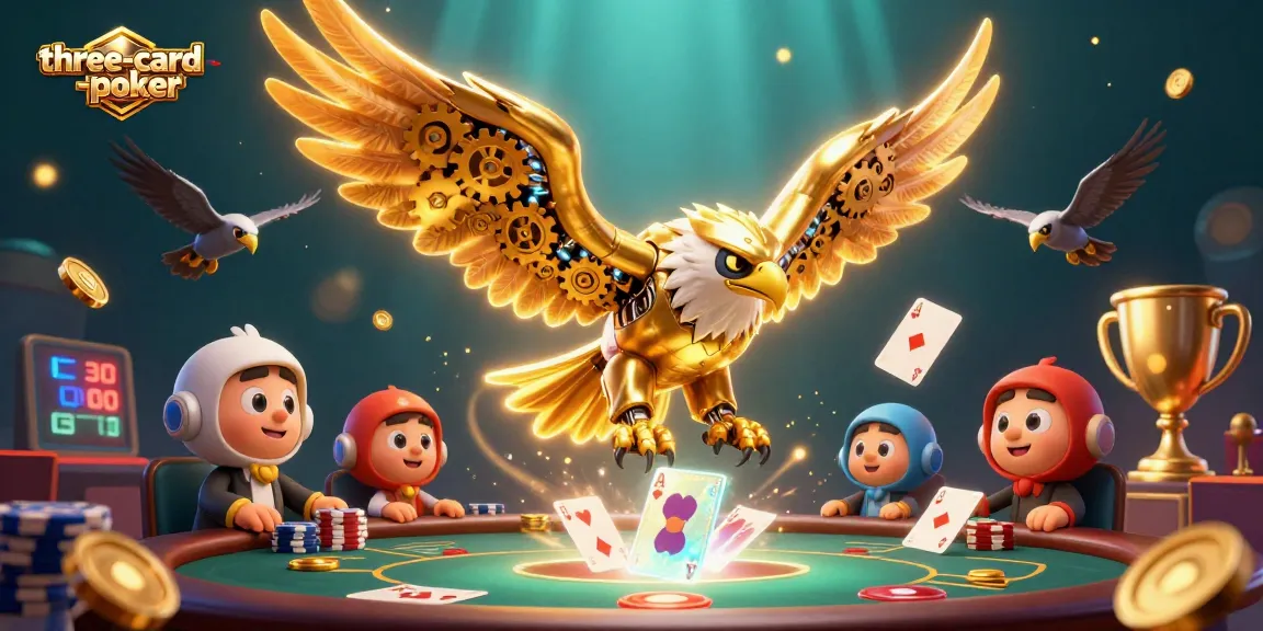 Experience the thrill of three-card-poker with animated cards and tokens in a vibrant casino scene.