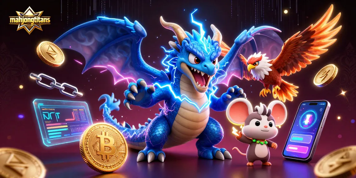 Engage with mahjongtitans through an exciting 3D illustration capturing the thunder dragon and dynamic crypto elements.