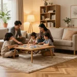 Cozy living room with families enjoying underfloor heating, illuminated by natural light.