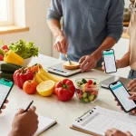 A community cooking scene featuring the best macro tracker apps for healthy meal prep in a bright kitchen.
