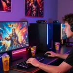 Excited player enjoying Slot Zeus game in a vibrant gaming setup, surrounded by themed decor and LED lights.