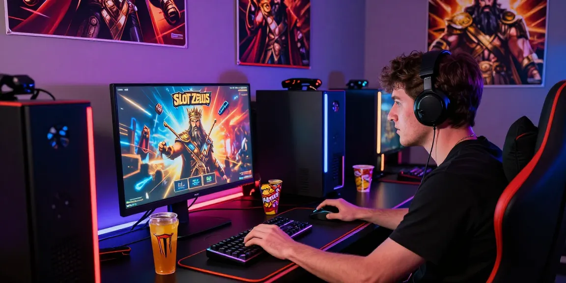 Excited player enjoying Slot Zeus game in a vibrant gaming setup, surrounded by themed decor and LED lights.