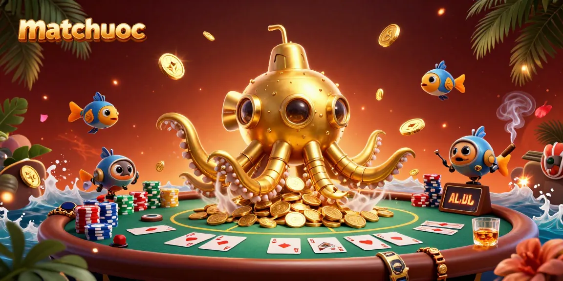 Engage with matchuoc for a thrilling casino adventure with a golden kraken and poker elements.