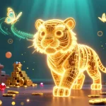 Explorez l'univers captivant du casino en ligne avec ce tigre lumineux guidant les joueurs vers des trésors scintillants.