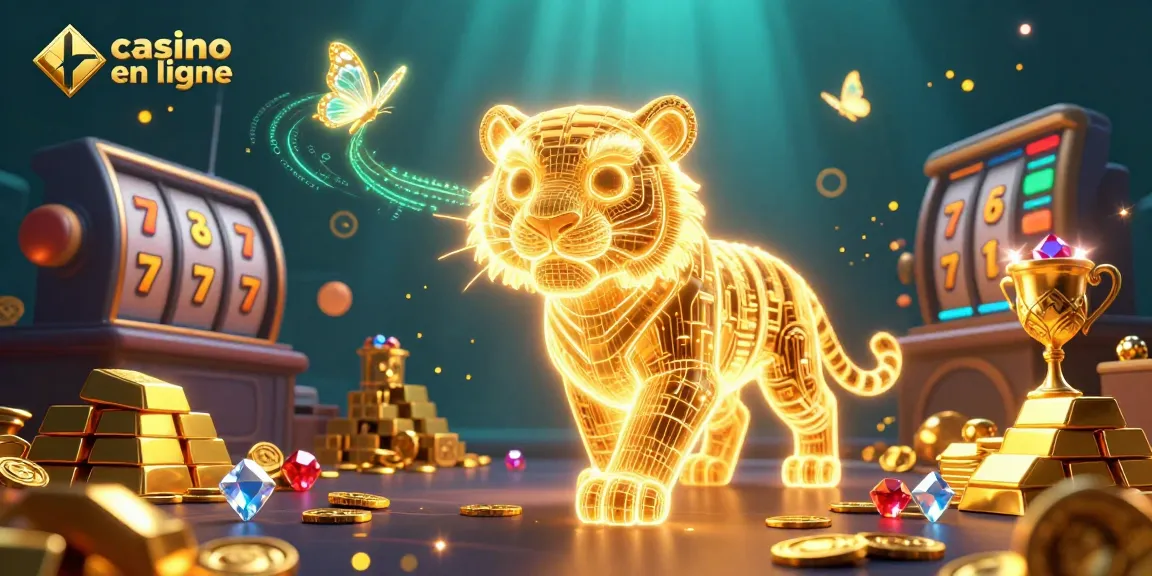 Explorez l'univers captivant du casino en ligne avec ce tigre lumineux guidant les joueurs vers des trésors scintillants.