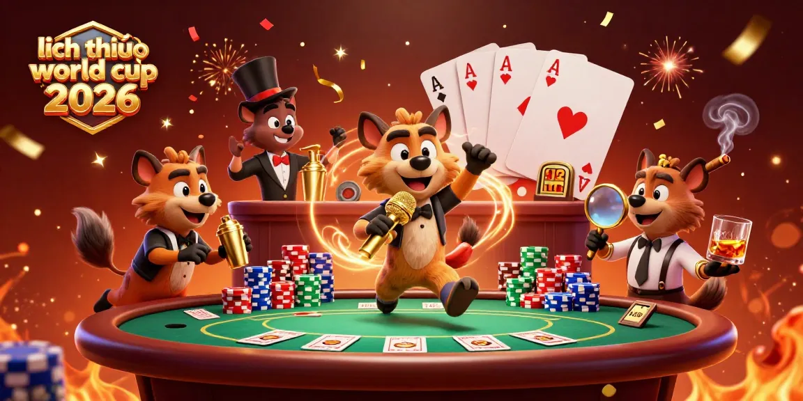 Engaging scene of hyenas in a comedy casino, promoting lịch thi đấu world cup 2026 with festive elements.