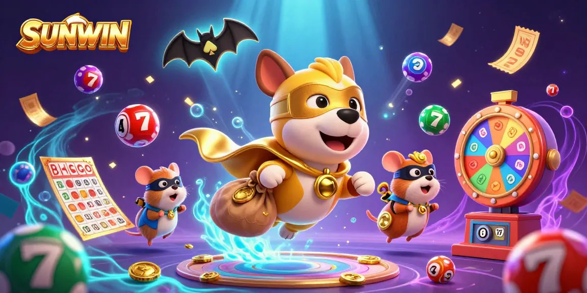 Join SUNWIN's thrilling adventure with a superhero dog and hamster amid flying lottery balls and casino excitement.