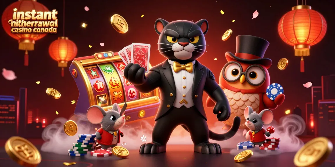 Experience the magic of instant withdrawal casino Canada with a vibrant 3D scene of a stylish panther, wise owl, and lucky mouse.