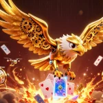 Plongée des cartes holographiques dans un casino en ligne animé avec un aigle doré.
