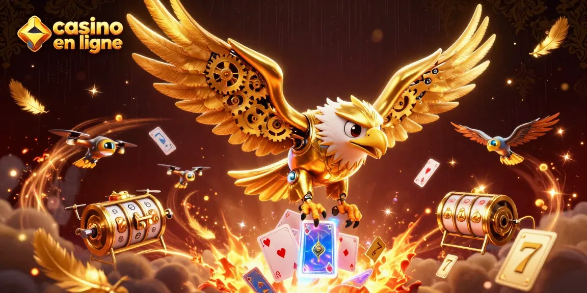Plongée des cartes holographiques dans un casino en ligne animé avec un aigle doré.