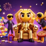 Illustration 3D de casino en ligne montrant un boss abeille dans un trône avec des éléments de jeux autour.