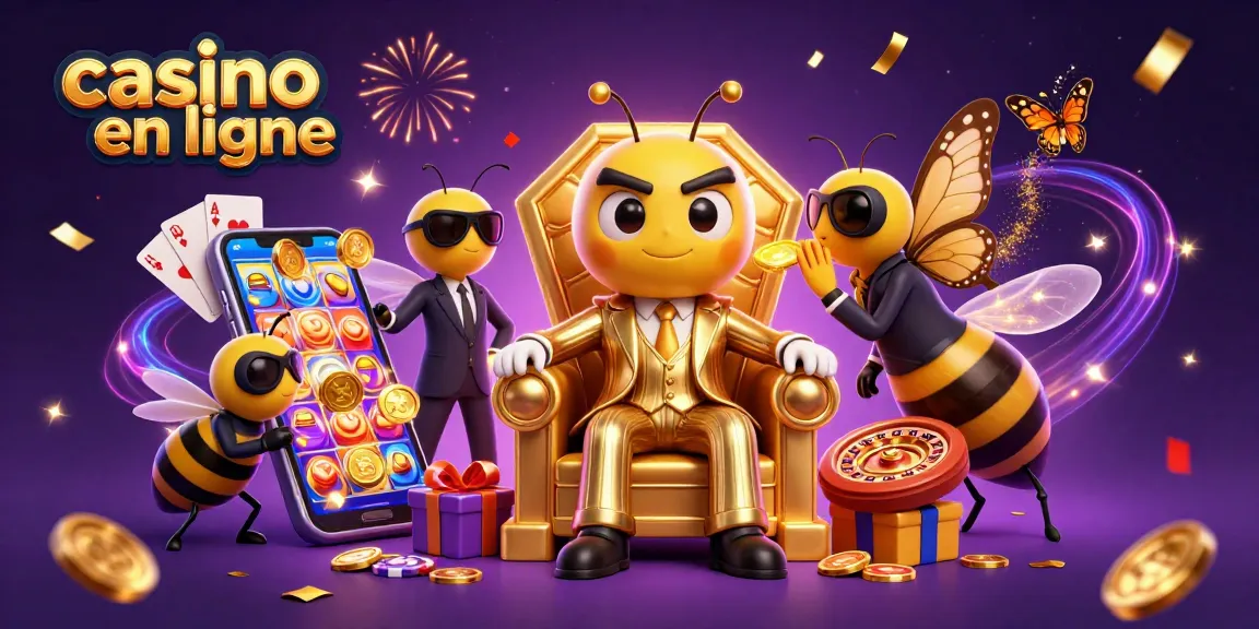 Illustration 3D de casino en ligne montrant un boss abeille dans un trône avec des éléments de jeux autour.