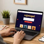 Pengguna rajatogel login dengan nyaman di rumah, dikelilingi oleh tiket lotre dan suasana hangat.