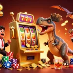 Illustration animée représentant le casino en ligne avec des personnages de dinosaures jouant aux machines à sous, créant un jackpot.