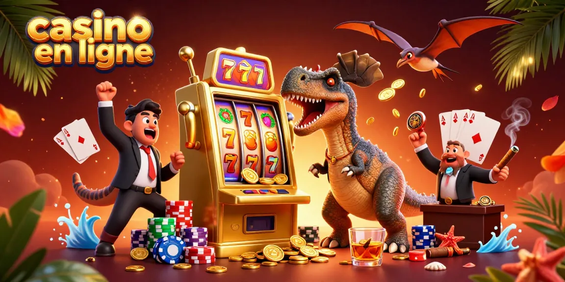Illustration animée représentant le casino en ligne avec des personnages de dinosaures jouant aux machines à sous, créant un jackpot.