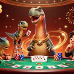 ONE88 atmosphere: A vibrant 3D casino scene featuring a dinosaur dealer with poker elements.