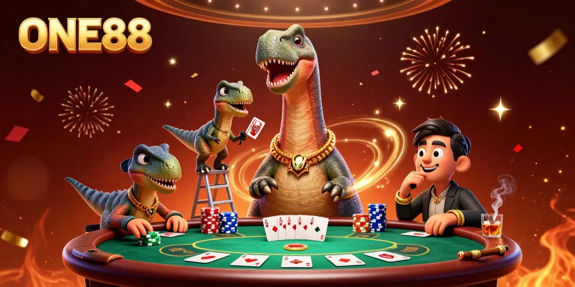 ONE88 atmosphere: A vibrant 3D casino scene featuring a dinosaur dealer with poker elements.
