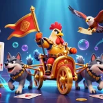 Visualiser casino en ligne avec un roi coq en chariot d'or, cartes et jetons scintillants.