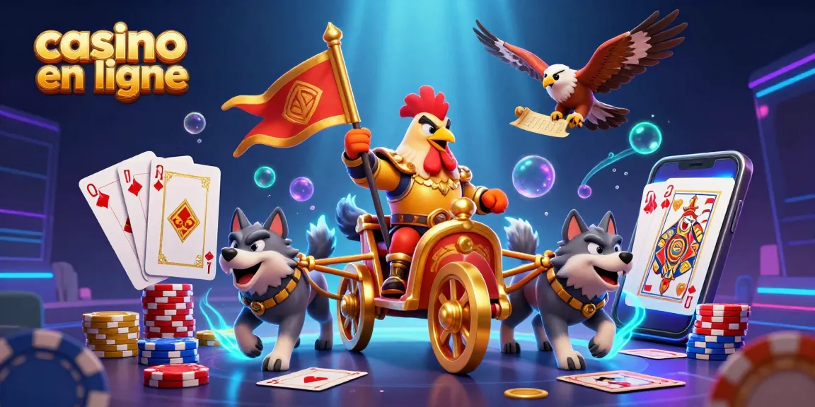 Visualiser casino en ligne avec un roi coq en chariot d'or, cartes et jetons scintillants.